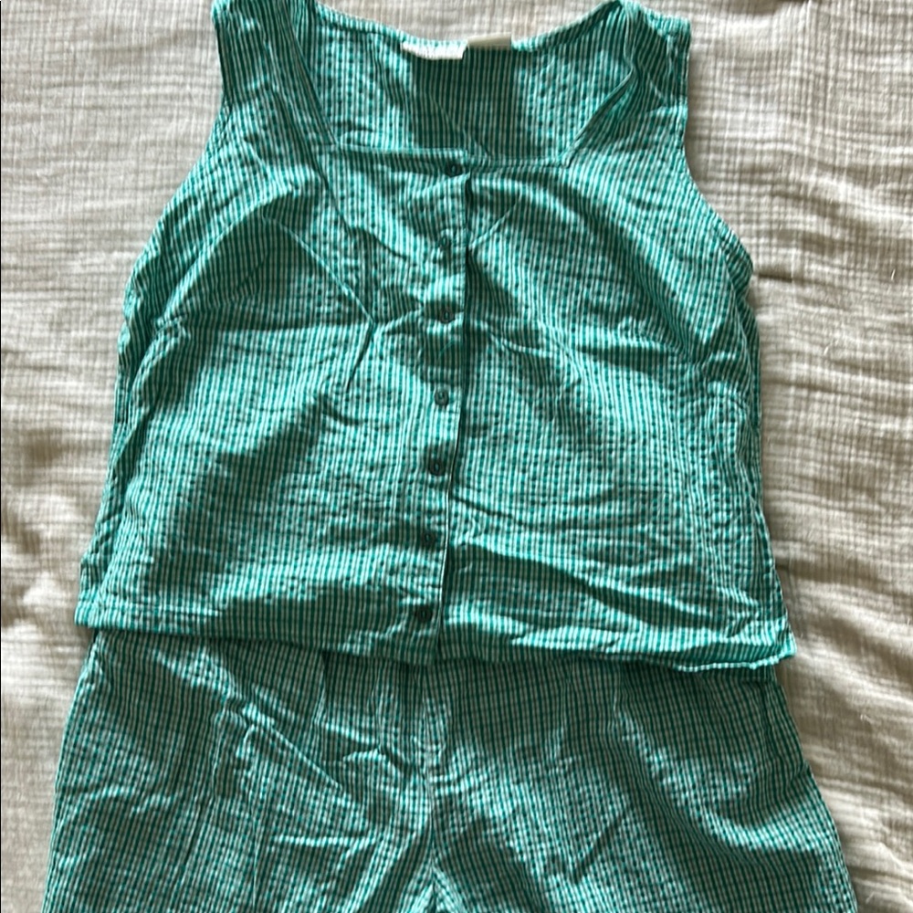 Basic Editions Teal Checkered Button-Up Top